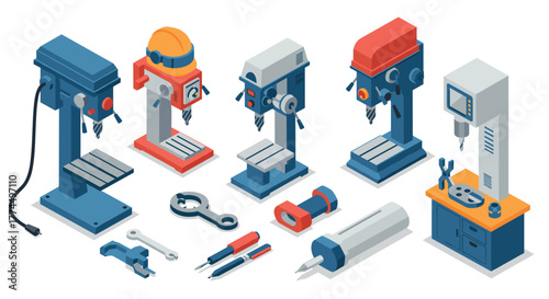Isometric drill machine set with tools on white background