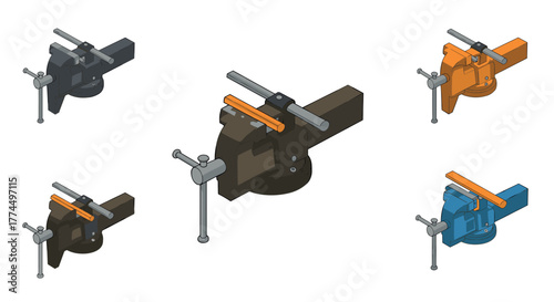 Collection of isometric workbench vises in various colors