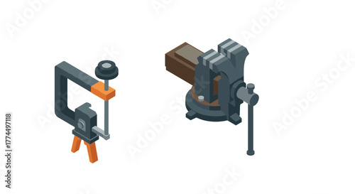 Isometric workshop tools: detailed bench clamps for industrial use