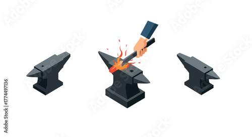 Isometric art of blacksmith forging metal on anvil with three distinct stages