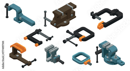 Isometric clamps and vices collection - industrial tools set in 3d design