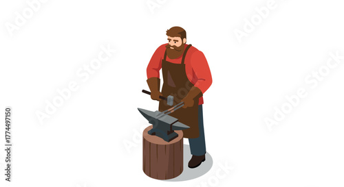 Isometric blacksmith working in workshop with anvil and hammer