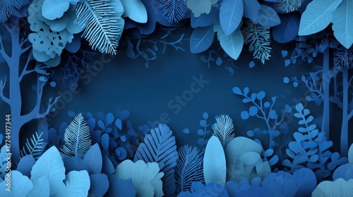 Abstract layered forest scene with various leaves and branches in blue tones