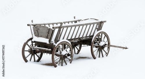 An old rustic wooden cart covered in snow during winter. Antique horse-drawn wagon isolated on a white background with copy space.