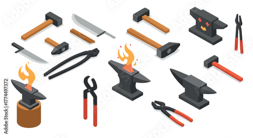 Isometric blacksmith tools collection with anvils and hammers on white backgr…