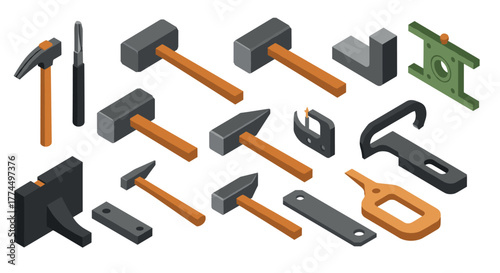 Isometric construction tools set featuring hammers and levels