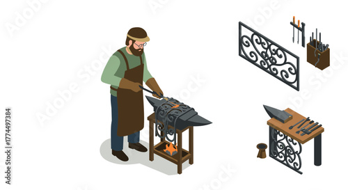 Blacksmith crafting wrought iron fences and tools in isometric style workshop