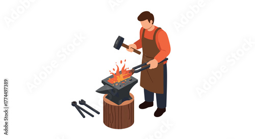 Isometric blacksmith at forge with anvil and tools in workshop scene