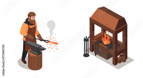 Isometric blacksmith crafting: man forging metal at anvil with forge and tools