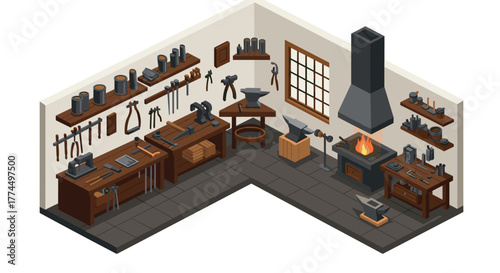 Isometric vintage blacksmith workshop with tools and forge in a cozy corner s…