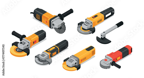 Set of isometric power tools for construction and home improvement projects