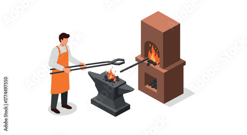 Isometric blacksmith workshop with anvil and forge