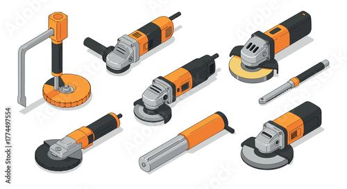 Isometric power tools collection with grinders and sanders in orange and black