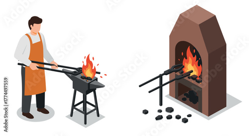 Isometric blacksmith scene with tools and forge in action on white background