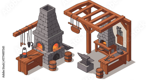 Medieval blacksmith workshop in isometric view with forge and anvil