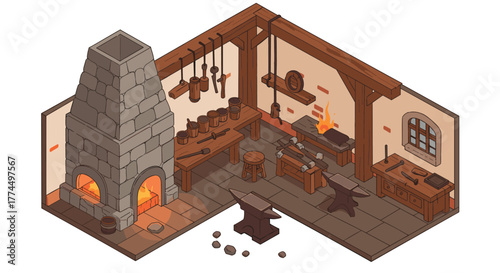 Medieval blacksmith workshop with forge and anvils in isometric style