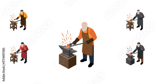 Isometric blacksmiths at work creating metalcrafts with anvils and hammers