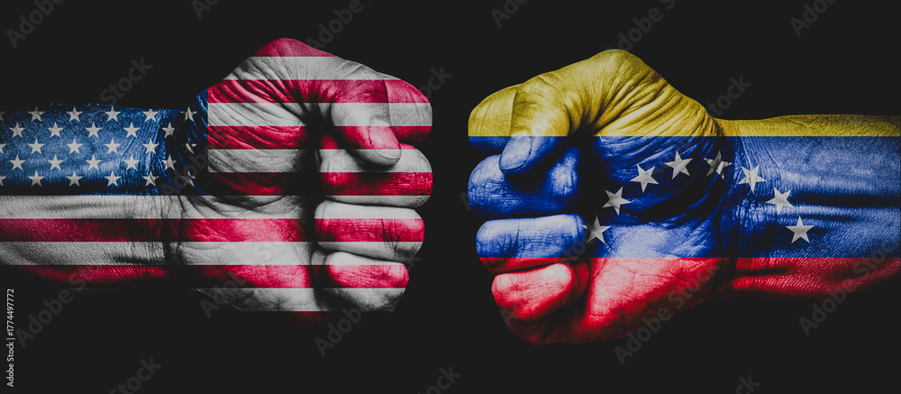 Obraz premium american and venezuela flag overly on fist. us flag against venezuela flag. concept of war between united states and venezuela