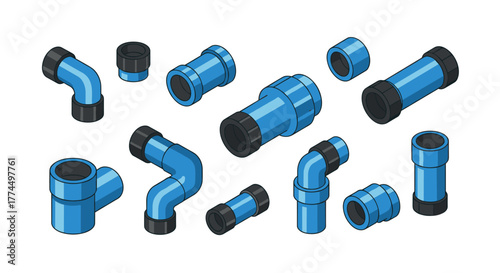 Isometric blue and black pipe fittings set on white background