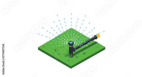 Isometric garden sprinkler on grass patch with water droplets