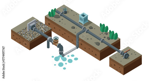 Underground water pipe system isometric diagram with flowing water and valves…