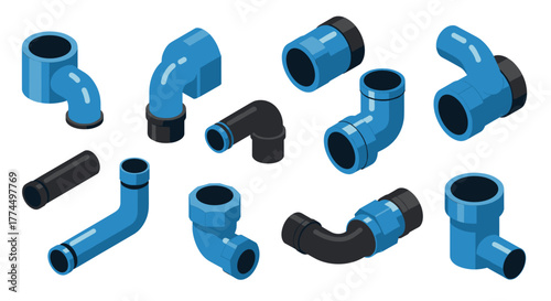 Colorful isometric plumbing pipes and connectors collection