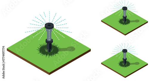 Isometric lawn sprinkler on grass patch with water spraying animation