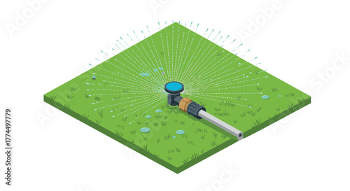 Isometric garden sprinkler on grass with water droplets