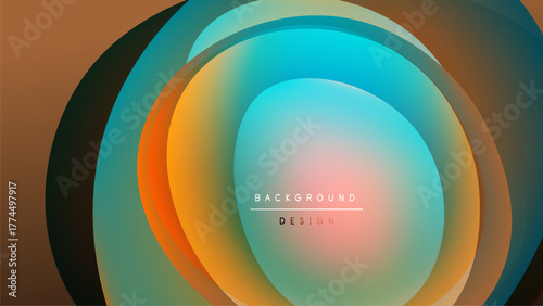 Abstract layers create circular design. Warm, cool colors blend, forming gradient effect. Minimalist composition, dark background enhances visual impact.