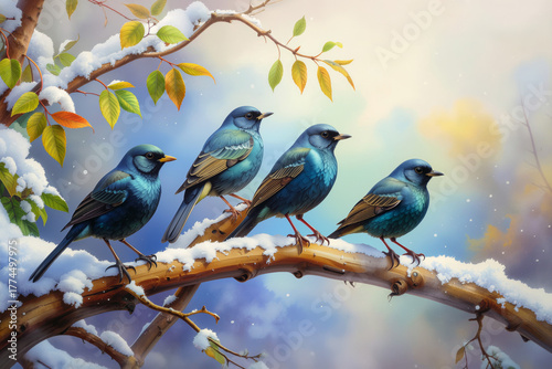 Four calling birds. Fourth day of the 12 days of Christmas. Watercolor style.