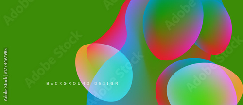 Abstract colorful shapes overlap green background. Modern design elements create vibrant visual experience. Smooth gradients enhance aesthetic appeal.