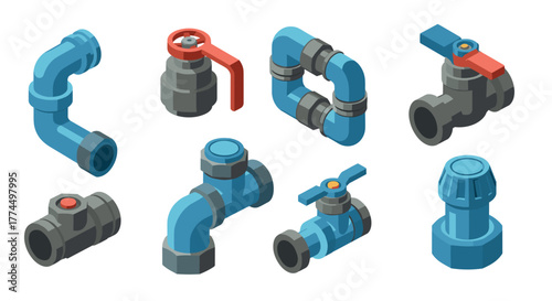 Isometric collection of 3d blue plumbing pipes and fittings