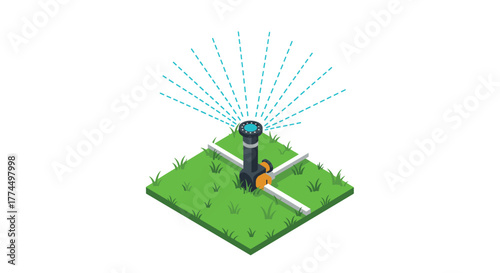 Isometric garden sprinkler: automatic lawn watering system on grass patch