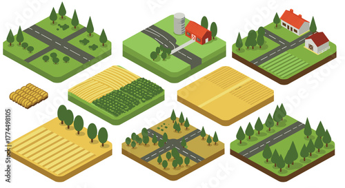 Isometric agricultural landscapes with roads, fields, and buildings