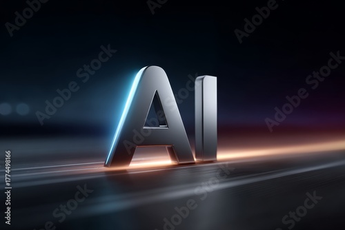 Futuristic 3D rendering of the letters 'AI' in a metallic,illuminated style against a dark background.