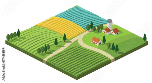 Isometric farm landscape with fields, trees, and buildings