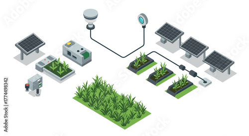 Isometric smart agriculture technology with solar panels and automation for s…