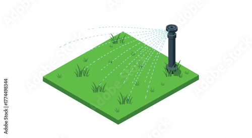 Isometric garden sprinkler on lawn patch with spraying water