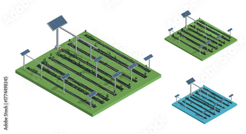 Modern isometric solar-powered irrigation system with greenhouse and solar pa…