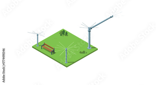 Isometric urban park scene with bench and modern street lights