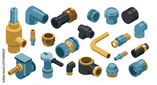 Assorted isometric plumbing fittings and tools in blue and yellow tones