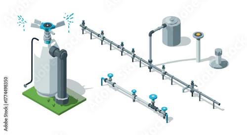 Isometric water irrigation system with pipes and sprinklers