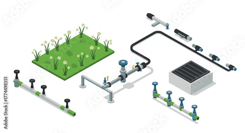 Isometric garden irrigation system with sprinklers and pipelines