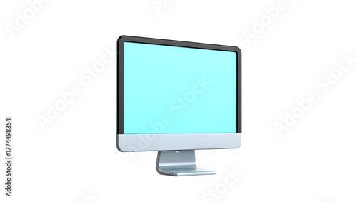 A modern, silver and black computer monitor with a bright cyan screen, displayed at an angle and isolated on a transparent background