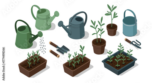 Isometric gardening tools and plants set for urban farming enthusiasts