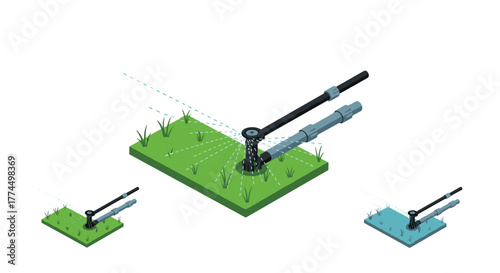 Isometric sprinkler system on grass patch with water streams
