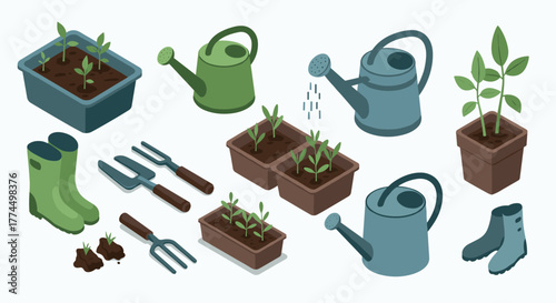 Isometric gardening tools and seedlings with watering cans and planters