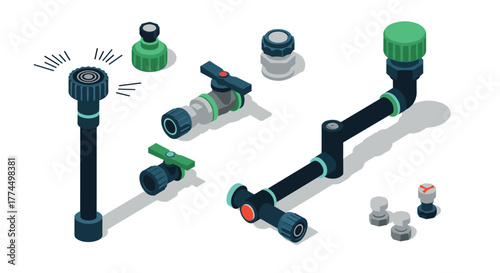 Isometric pipe components with valves and connectors for engineering design