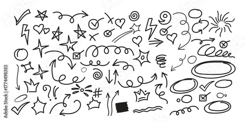 Line cute element set. Hand-drawn sketch doodle style arrow, cloud, star with marker stroke pencil highlight. Doodle sketch heart, star, cloud cartoon sticker shapes