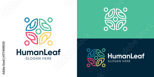 Creative simple human leaf logo template. Abstract leaf with human people person leadership logo design vector illustration.